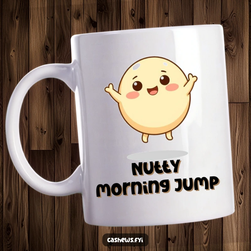 Funny mug showing a round cashew character with tiny legs enthusiastically leaping upwards, expressing pure joy and energy.
