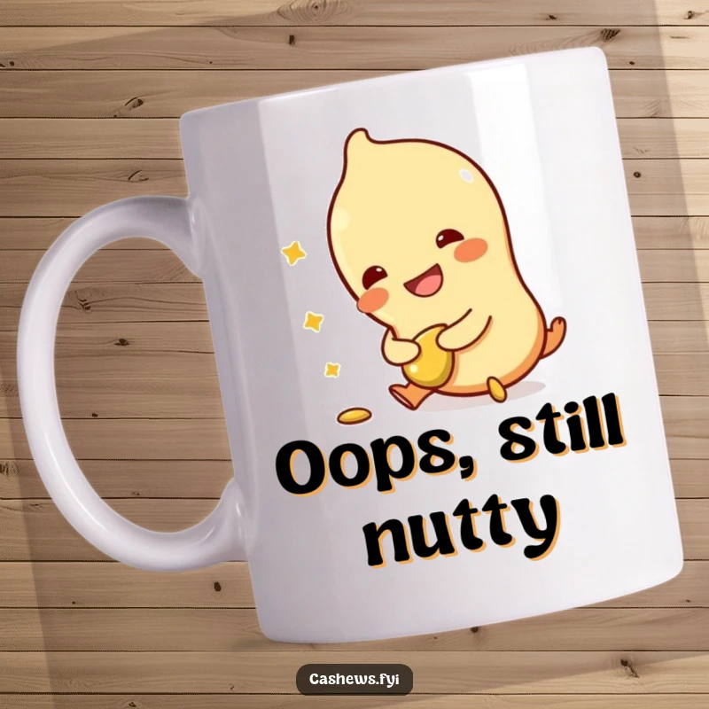 Funny mug featuring a cashew character tripping, clutching a broken cashew, and laughing heartily, symbolizing relatable mishaps with humor.