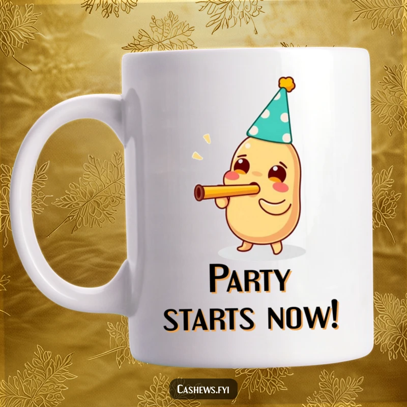 Funny cashew mug featuring a cashew wearing a party hat and enthusiastically blowing a kazoo with pure joy and celebration.