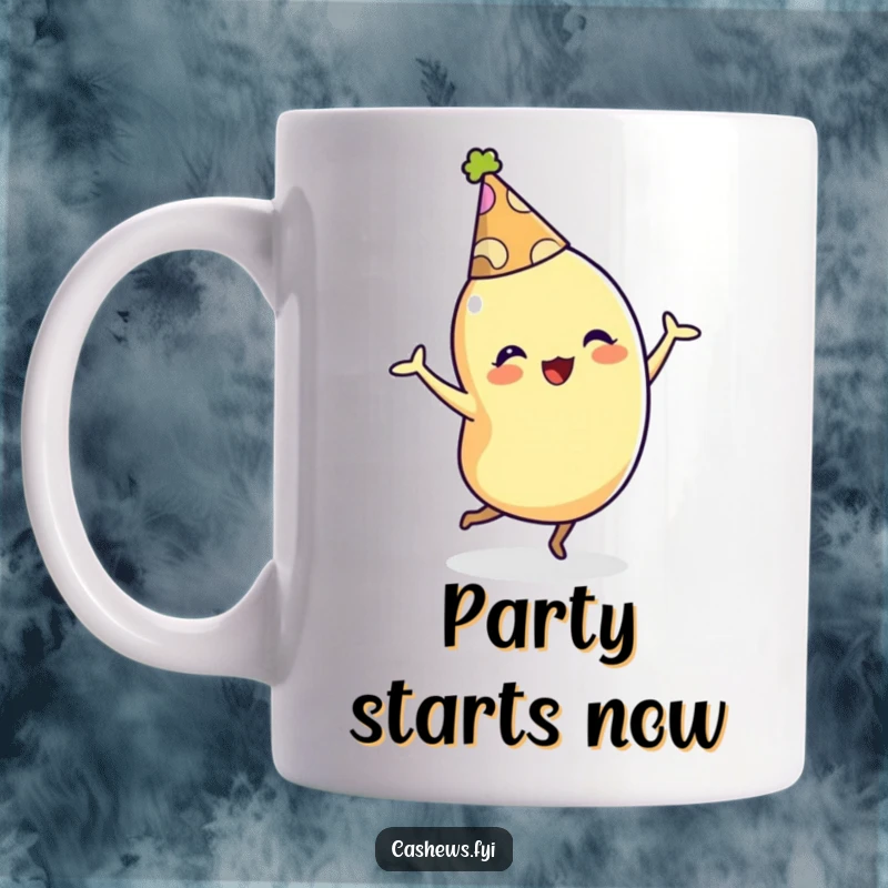 Funny mug featuring a cashew character wearing a party hat and dancing enthusiastically, celebrating fun and festivities.
