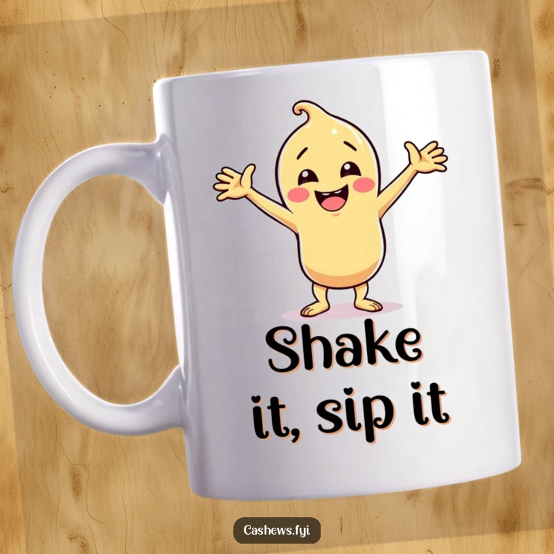 Funny cashew character striking a silly dance pose with arms flung wide, full of joy and energy, perfect funny gift.