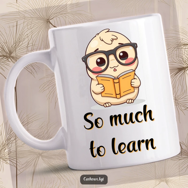 Funny Mug: A cashew wearing comically large glasses intently reads a very small book, looking studious and adorable.