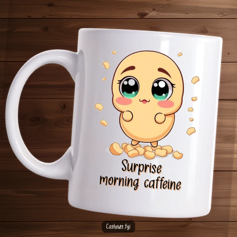 Funny surprised cashew mug featuring a nut with wide, shocked eyes reacting to a sudden shower of smaller cashew bits, full of comical disbelief.