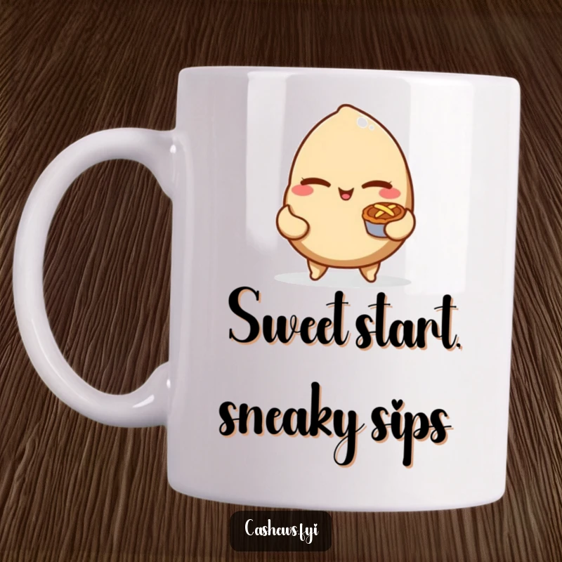 Funny mug with a mischievous cashew nut winking, holding a tiny pie, embodying playful temptation and sweet delight.