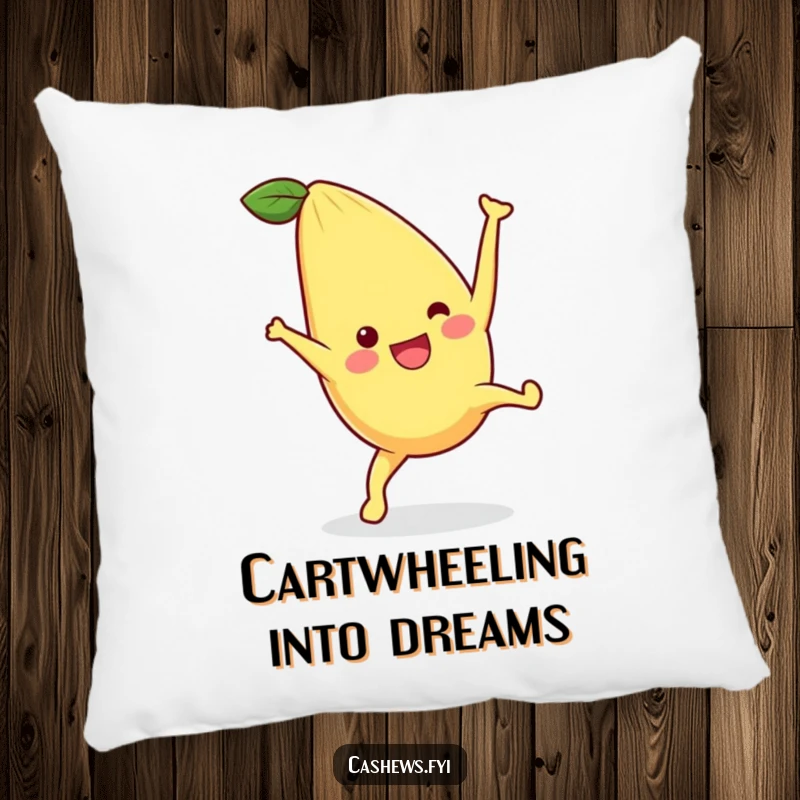 Funny pillow with a kawaii cashew performing a spirited cartwheel, offering soft comfort and a cheerful, energetic design for funny gift lovers.