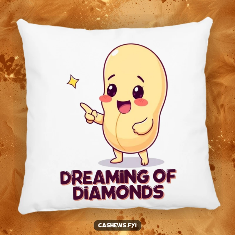 Funny plush pillow with an excited cashew nut pointing at a sparkling gem, offering soft and humorous comfort.