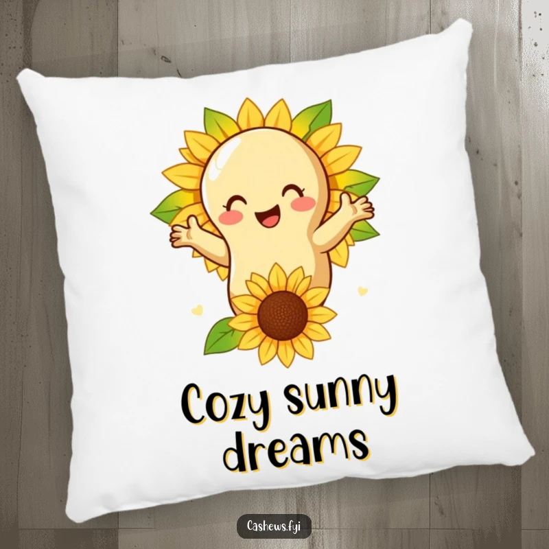 Funny pillow depicting a cashew nut giving a warm hug to a smiling sunflower, bringing cozy natural vibes.