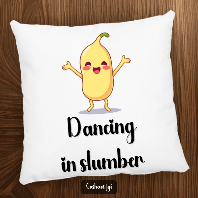 Funny and soft pillow featuring a Kawaii cashew doing a silly dance with limbs flailing joyfully, perfect for comedic comfort.