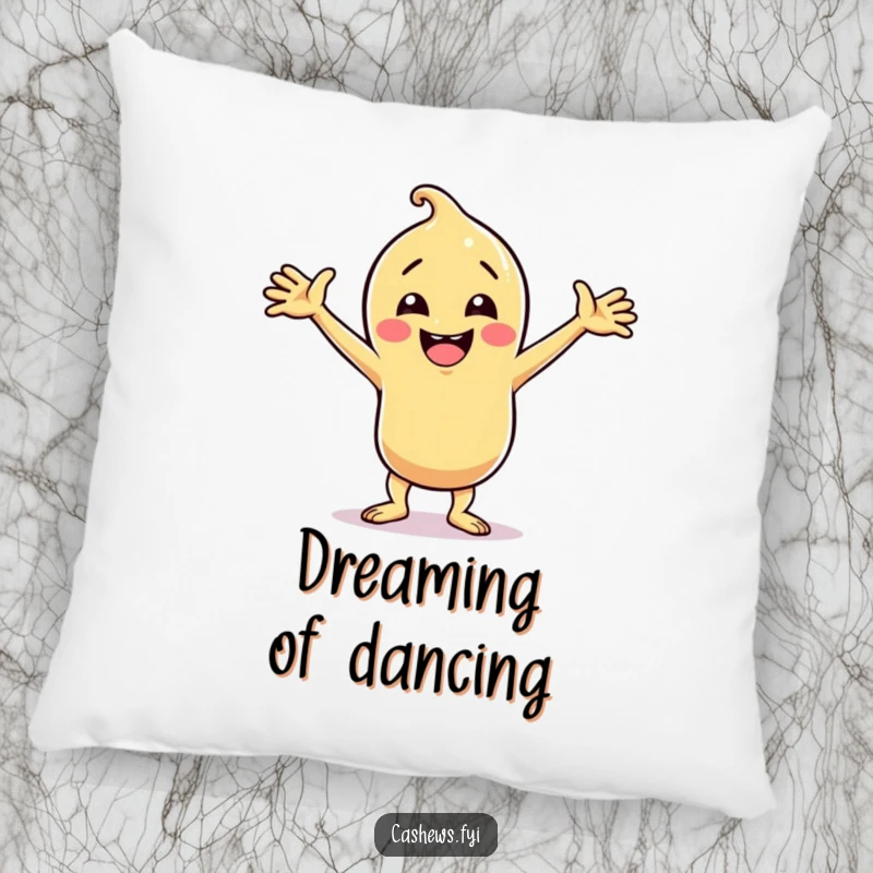 Funny cashew character in a silly dance pose with arms wide on a pillow, adding fun, perfect funny gift.