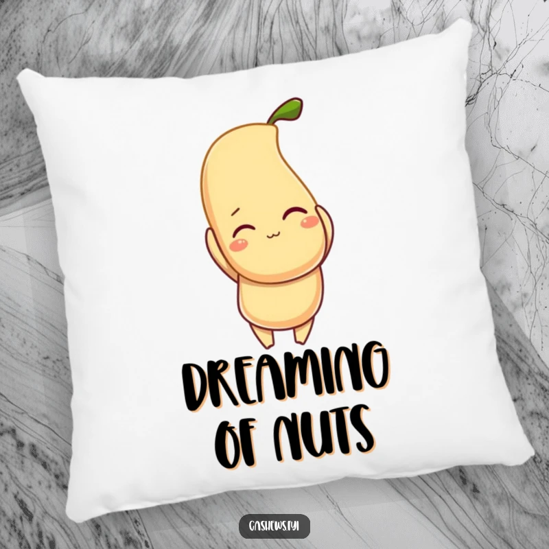 Funny pillow featuring a jovial, winking cashew character proudly displaying a huge, luminous cashew, adding comfort and humor.