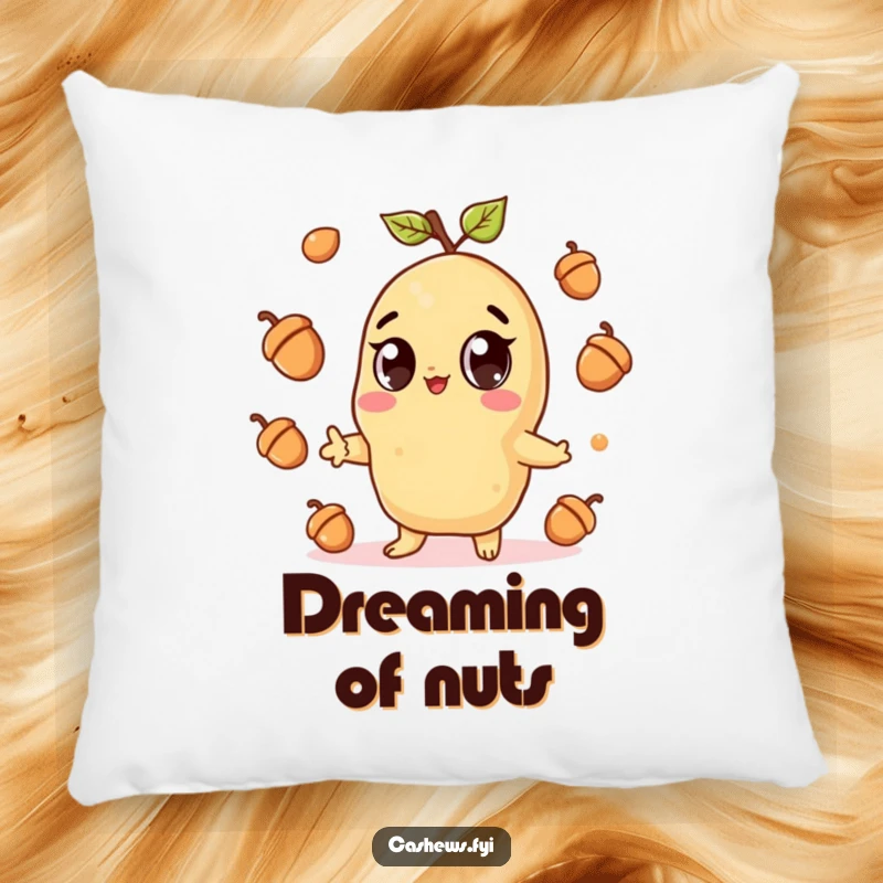 Funny pillow featuring a kawaii cashew character with big eyes, gleefully juggling acorns, soft and incredibly charming.