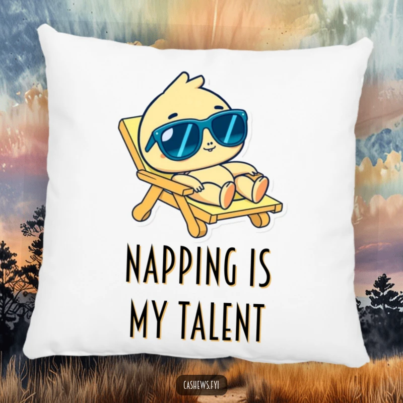 Funny cashew character in sunglasses lounging on a beach chair on a pillow, offering comfort and humor, perfect funny gift.