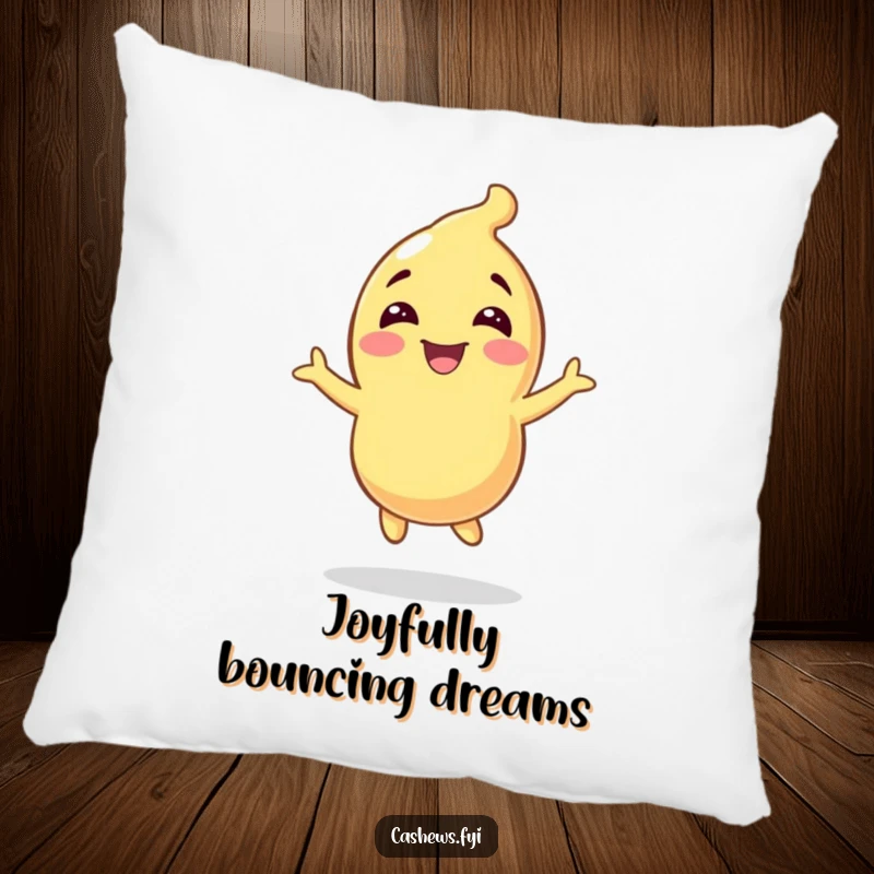 Funny pillow featuring a cashew character bouncing with infectious glee, perfect for adding a touch of happy energy.