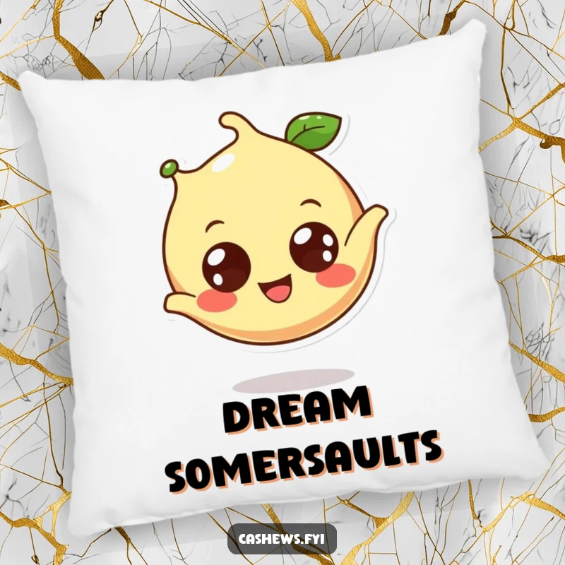 Funny cashew pillow featuring a cheerful cashew performing a somersault, offering humorous comfort and style.