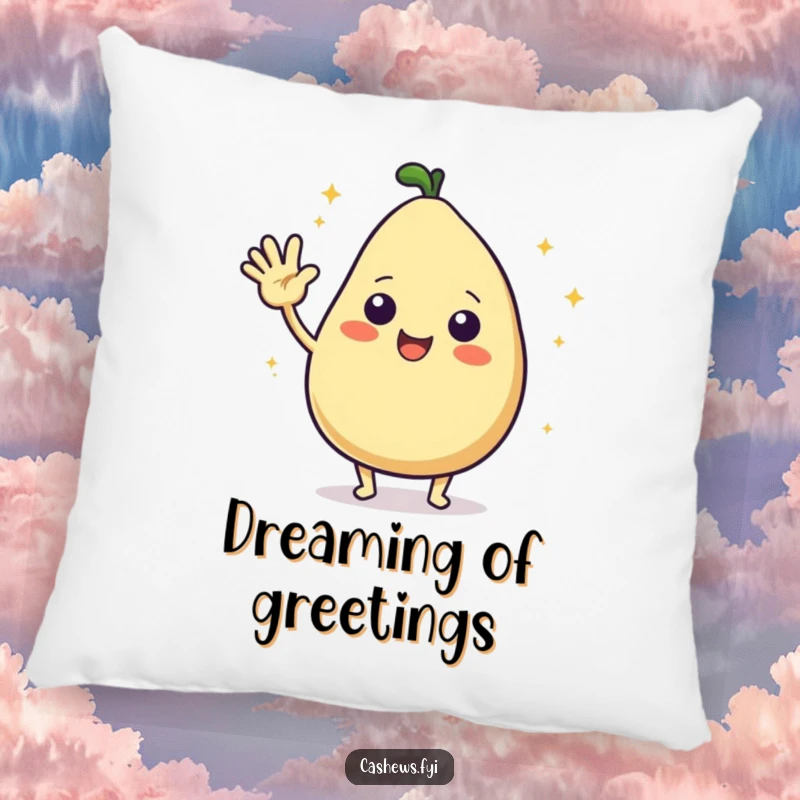 Funny pillow featuring a plush kawaii cashew character excitedly waving hello, surrounded by starbursts, perfect for cozying up with cheer.