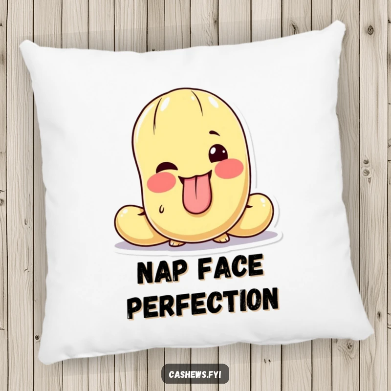 Funny pillow featuring a cashew character making a silly face, tongue out, and a playful wink.