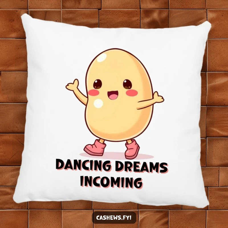 Funny pillow featuring a cashew nut character in tiny boots, dancing with a joyful expression.