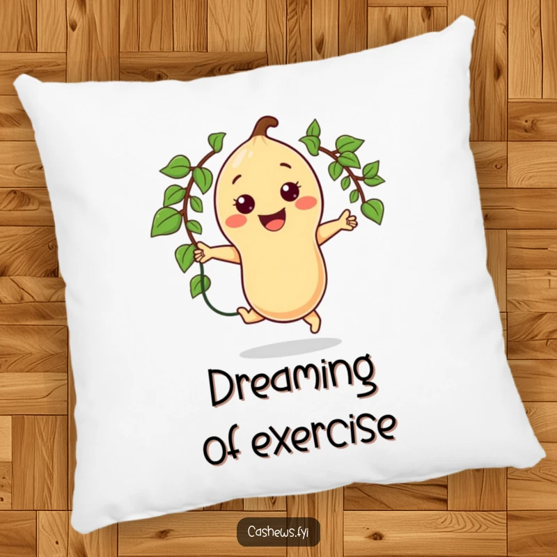Funny decorative pillow featuring a happy kawaii cashew character jumping rope with a vine, bringing energetic and humorous vibes.