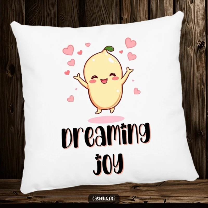 Funny Kawaii Cashew Pillow: A soft pillow featuring a cashew character dancing happily, surrounded by floating hearts, adding a joyful touch.