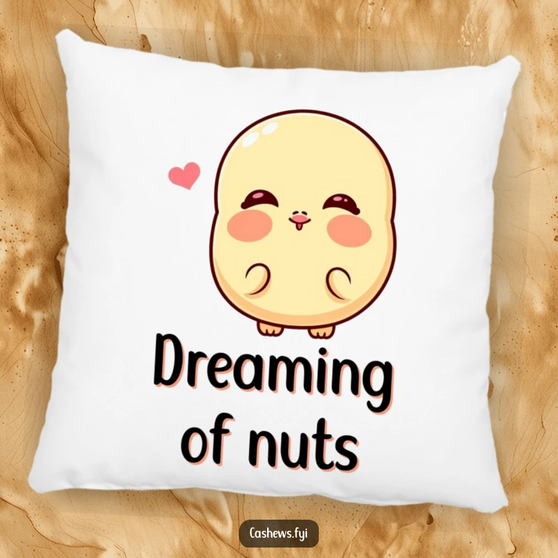 Funny Kawaii Cashew Pillow: A plush decorative pillow featuring a cute cashew with very rosy cheeks, blowing a humorous kiss.