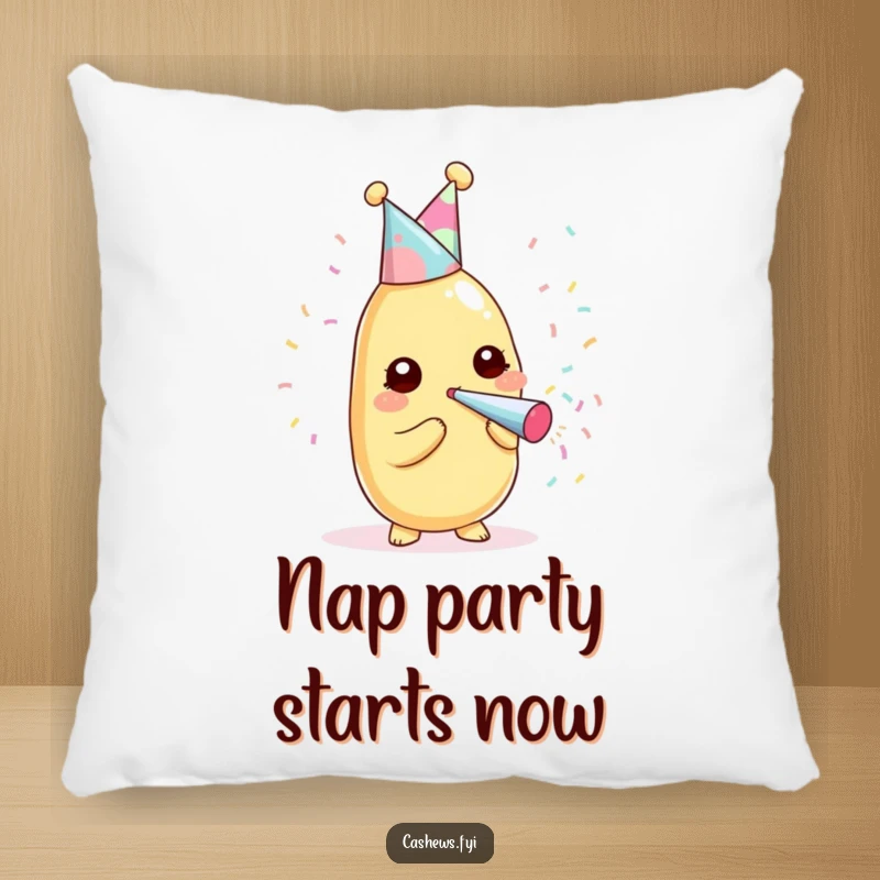 Funny kawaii cashew in a party hat, blasting confetti on a soft, decorative pillow.