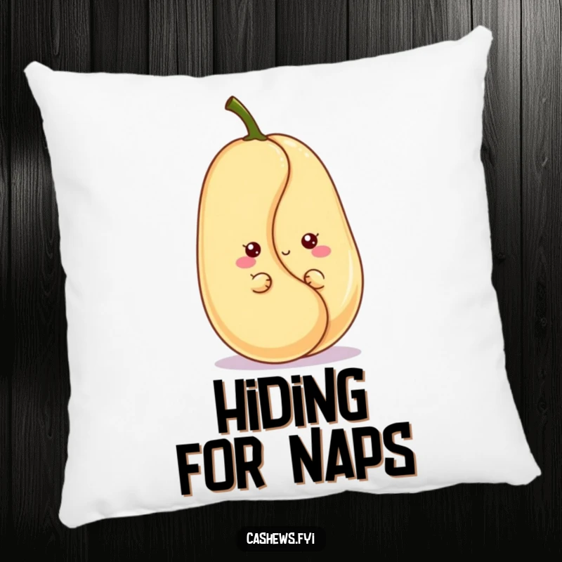 Funny kawaii cashew pillow featuring a cute character peeking with a grin, offering comfort and adorable nutty humor.