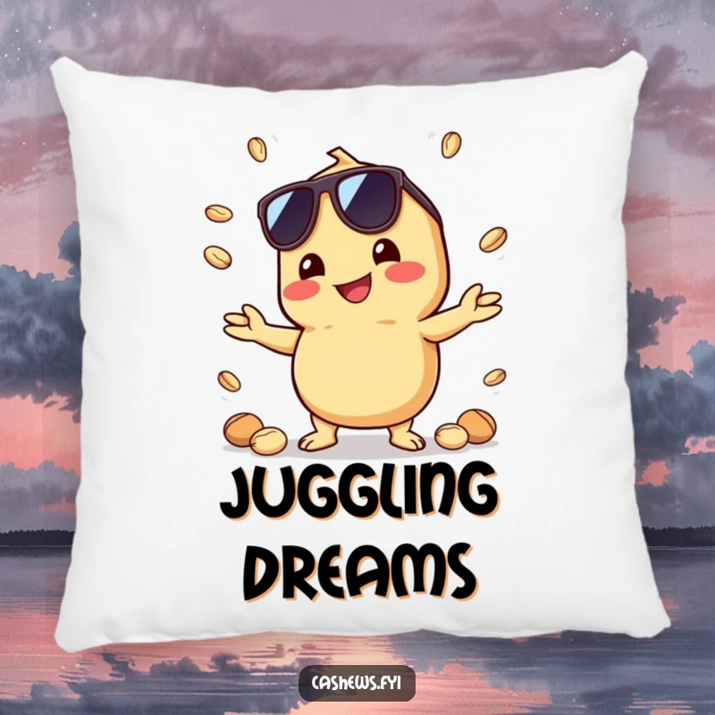 Funny pillow featuring a kawaii cashew wearing sunglasses, juggling nuts with a grin, offering soft comfort and humorous appeal.