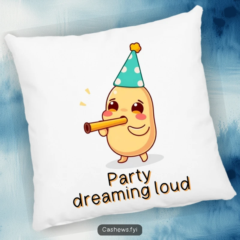 Funny decorative pillow featuring a cashew wearing a party hat and enthusiastically blowing a kazoo, perfect for cozy, festive comfort.