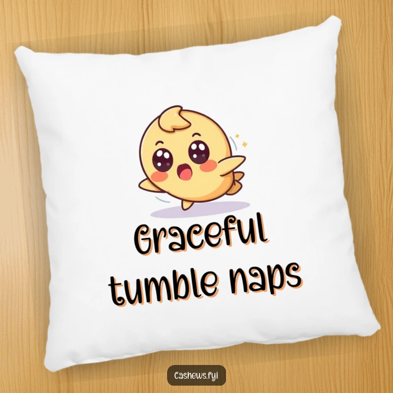 Funny decorative pillow featuring a cashew character tripping slightly but landing gracefully with a surprised, wide-eyed expression, perfect for cozy comfort.