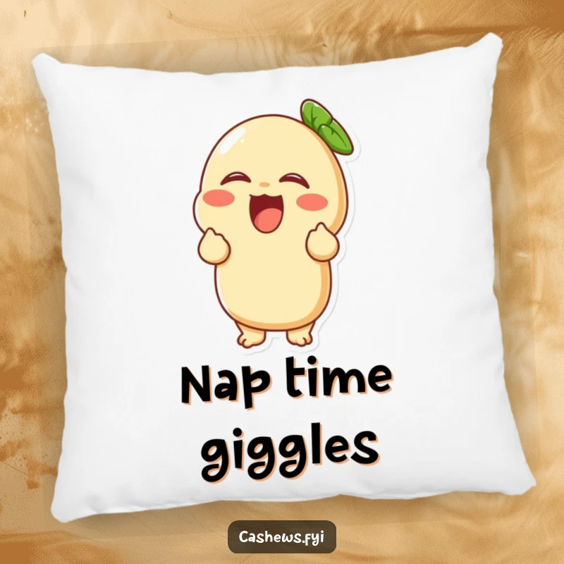 Funny pillow featuring a cashew character in mid-giggle, holding its sides with pure, infectious laughter.