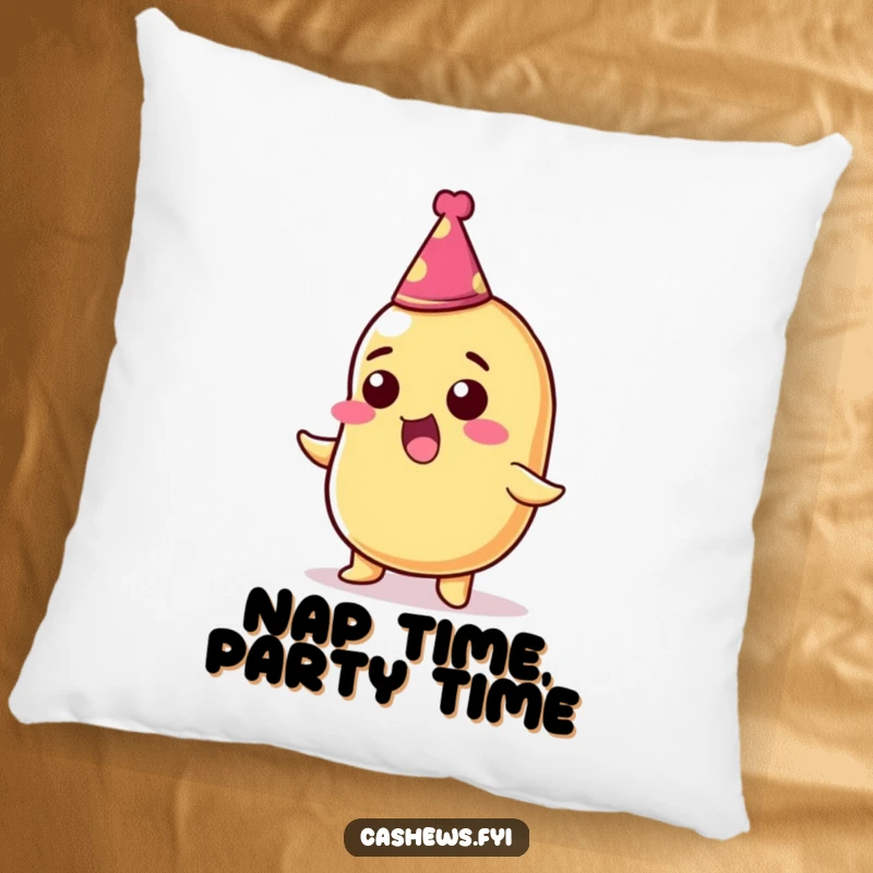 Funny pillow with a thrilled cashew nut wearing a tiny party hat, looking overjoyed and ready for a celebration.