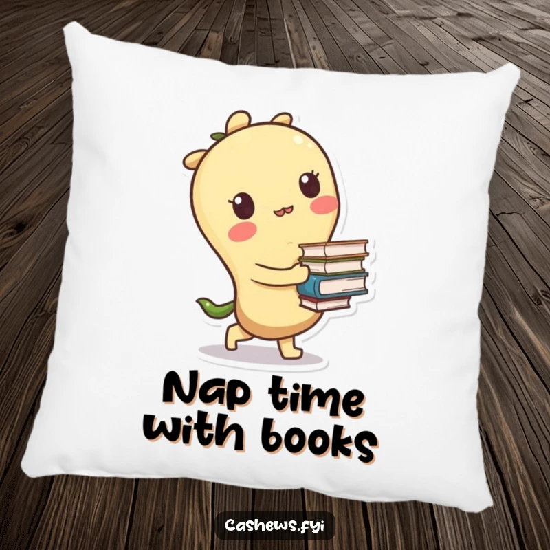 Funny pillow featuring a plush kawaii cashew character tripping slightly while carrying a stack of books, offering comfort and humor.