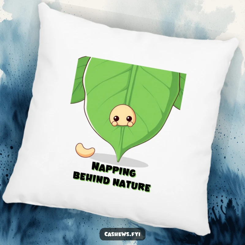 Funny plush pillow with a cashew nut peeking playfully from behind a giant cashew leaf, offering soft and humorous comfort.