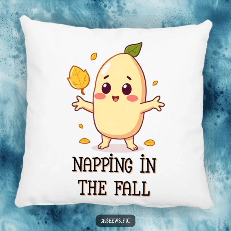 Funny decorative pillow featuring a kawaii cashew character with arms out, startled by a falling leaf, adding humorous comfort.