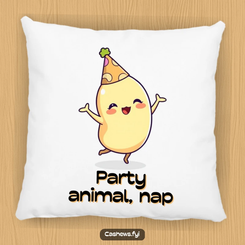 Funny pillow featuring a plush cashew character wearing a party hat and dancing enthusiastically, offering comfort and festive charm.