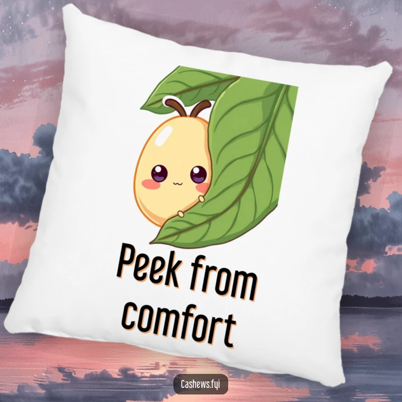 Funny Pillow: A cashew with googly eyes peeks from behind a leaf, a soft and humorous pillow for moments of playful repose.