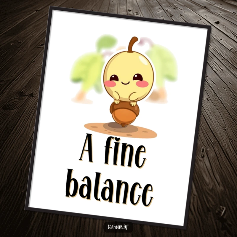 Funny cashew digital art of a mischievous cashew grinning while balancing on a tiny acorn, for quirky decor.