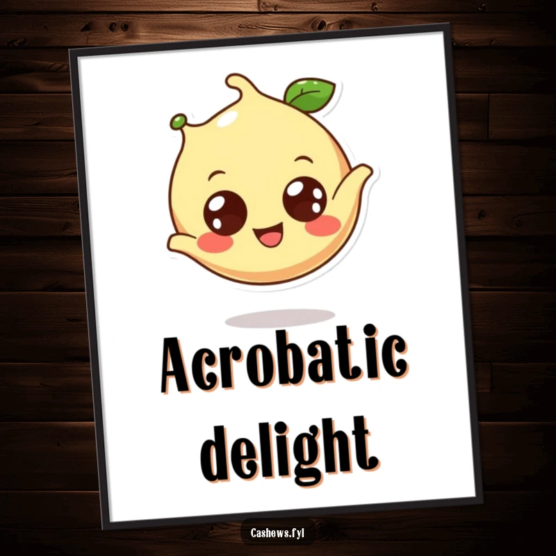 Funny cashew digital art of a happy cashew doing a lively somersault, ideal for cheerful wall decor.