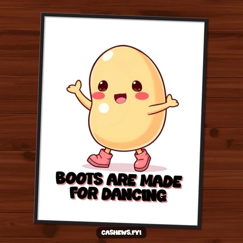 Funny digital art featuring a cashew nut character in tiny boots, dancing with joyful energy.