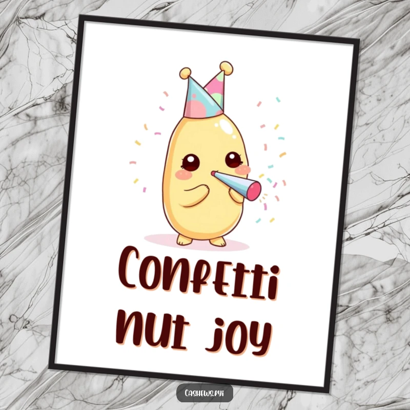 Funny kawaii cashew wearing a party hat, blowing confetti on a digital art print.