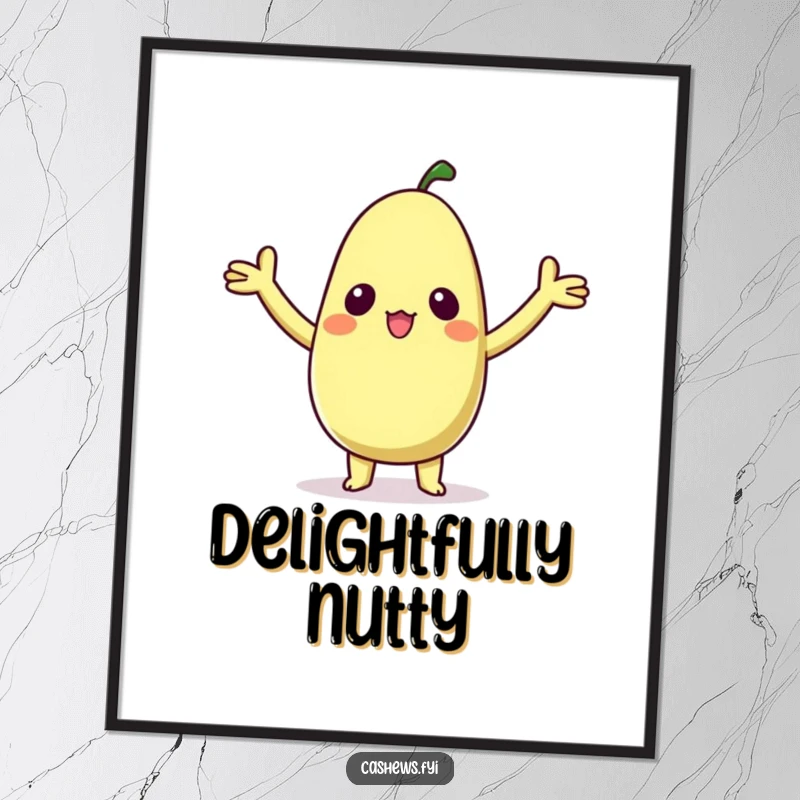 Funny digital art print of a kawaii cashew character with arms raised in delighted surprise, perfect for adding cute and humorous decor.
