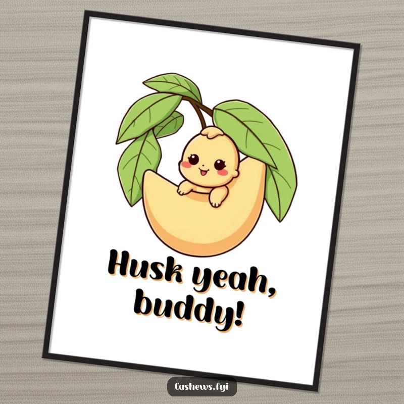 Funny cashew digital art print of a character happily riding a giant husk, ready for instant download and display.