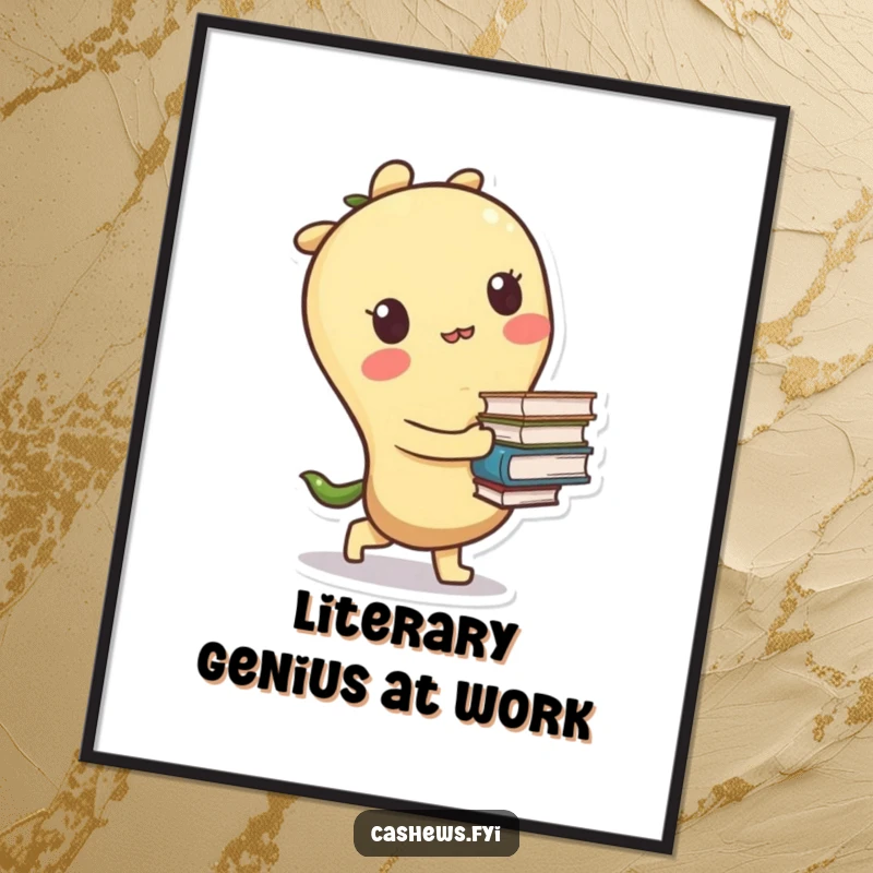 Funny digital art print of a kawaii cashew character tripping slightly while carrying a stack of books, capturing endearing awkwardness.