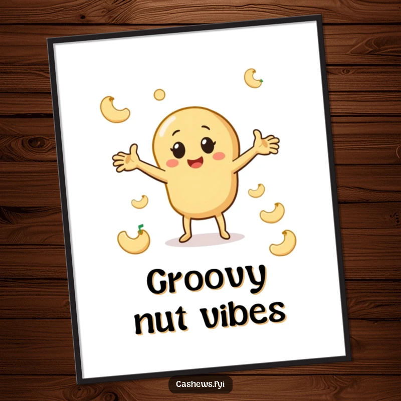 Funny cashew digital art print of a character dancing playfully with outstretched arms among cashew shapes, ready for instant download and display.