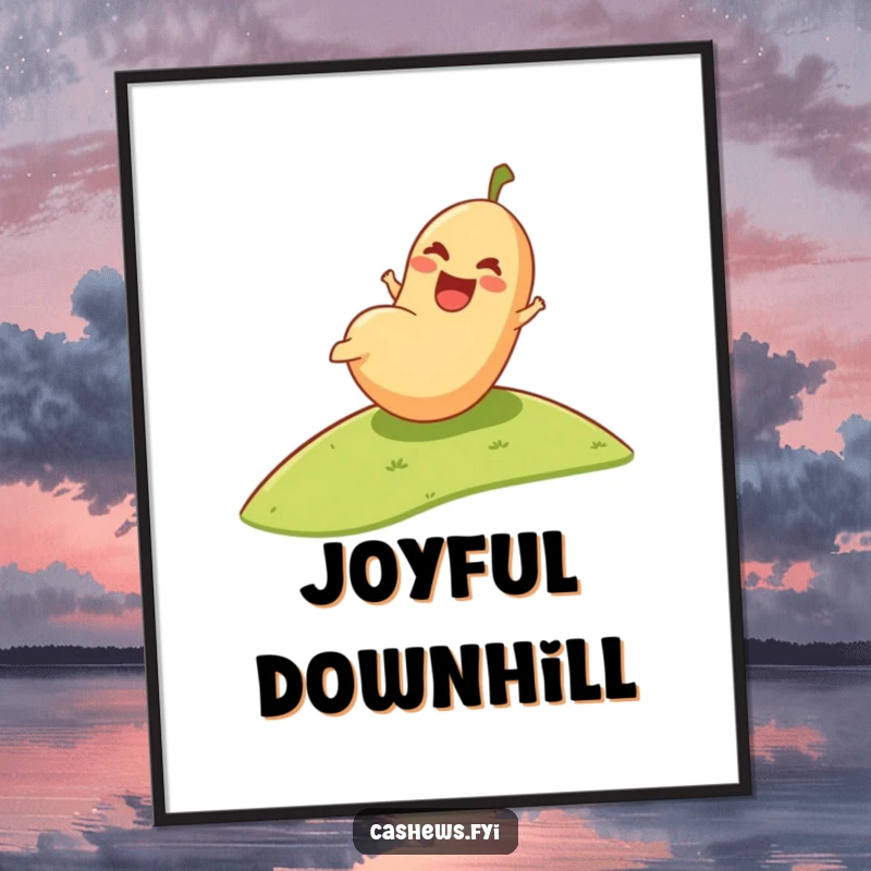 Funny Digital Art Print: A happy cashew rolls downhill with pure joy, a downloadable piece of art for humorous home decor.