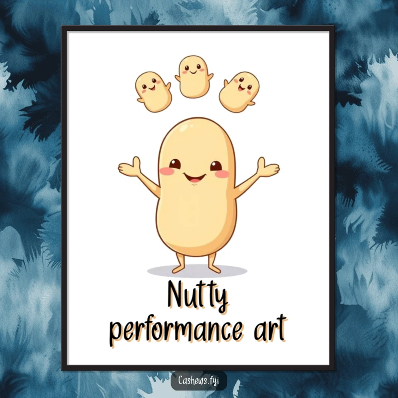 Funny digital art print of a happy cashew with tiny legs juggling nuts, grinning goofily, ready to add humor to any space.