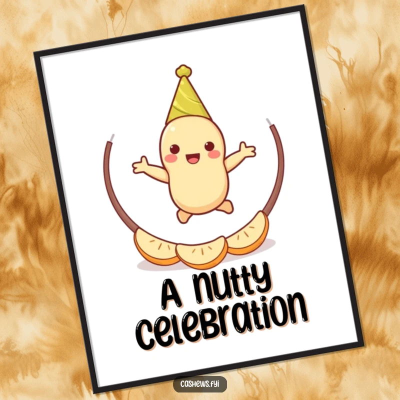 Funny cashew party digital art print of a happy cashew character in a party hat, jumping through a hoop of cashew halves, full of life.