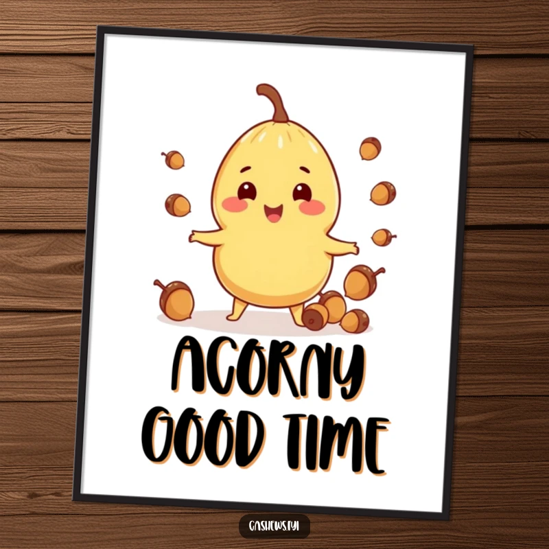Funny digital art print of a cashew character cheerfully juggling tiny acorns with a happy, energetic expression.