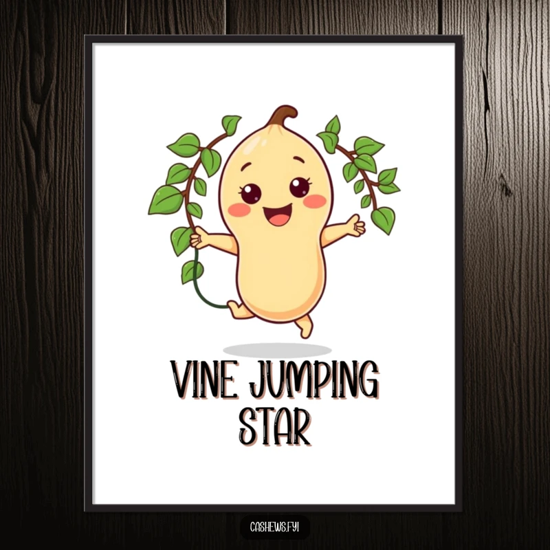 Funny digital art print of a smiling kawaii cashew character jumping rope with a vine, radiating infectious energy and fitness humor.