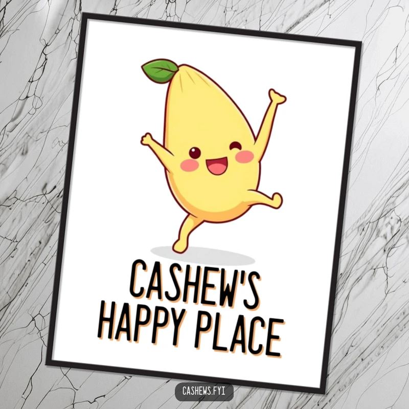 Funny digital art print of a kawaii cashew doing a cartwheel, radiating energetic fun and pure happiness, perfect for instant wall decor.